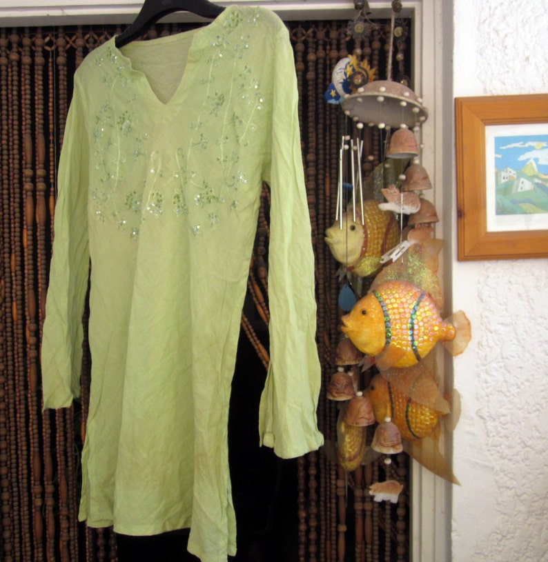 Bohemian Embroidered & Sequined Soft Pastel Green Cotton Tunic/Dress, Vintage Medium image 3