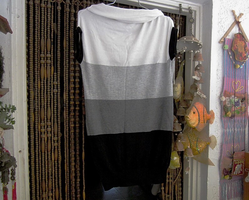 in White Grays and Black Large Vintage Rolling Collar Long Thin Knit Top Tunic