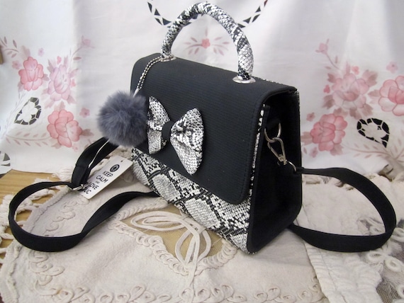 JUC UK Keep Calm and Love Uniquely Gorgeous Crossbody Black White Snake Skin Look Purse Handbag W Adorable Bow and Pompom Vintage Etsy UK