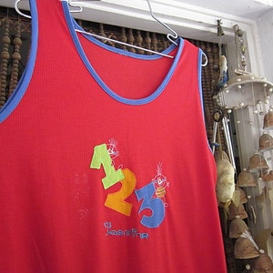 Cute Red Vest Style Tunic / Dress Trimmed in Blue, Embroidered and Patched, Vintage - Medium to Large