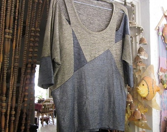 Glittering Cut-Outs Top Featuring Asymmetrical Patchwork in Shades of Blues & Silvery Gray, Vintage - Large