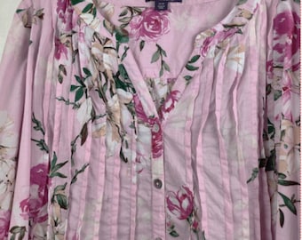 ROMAN'S - Schönes übergroßes, leichtes Button-Up-Tunika-Shirt mit Blumenmuster in Pink, Rot und Grün mit geknöpften, aufrollbaren Ärmeln, Größe 24W