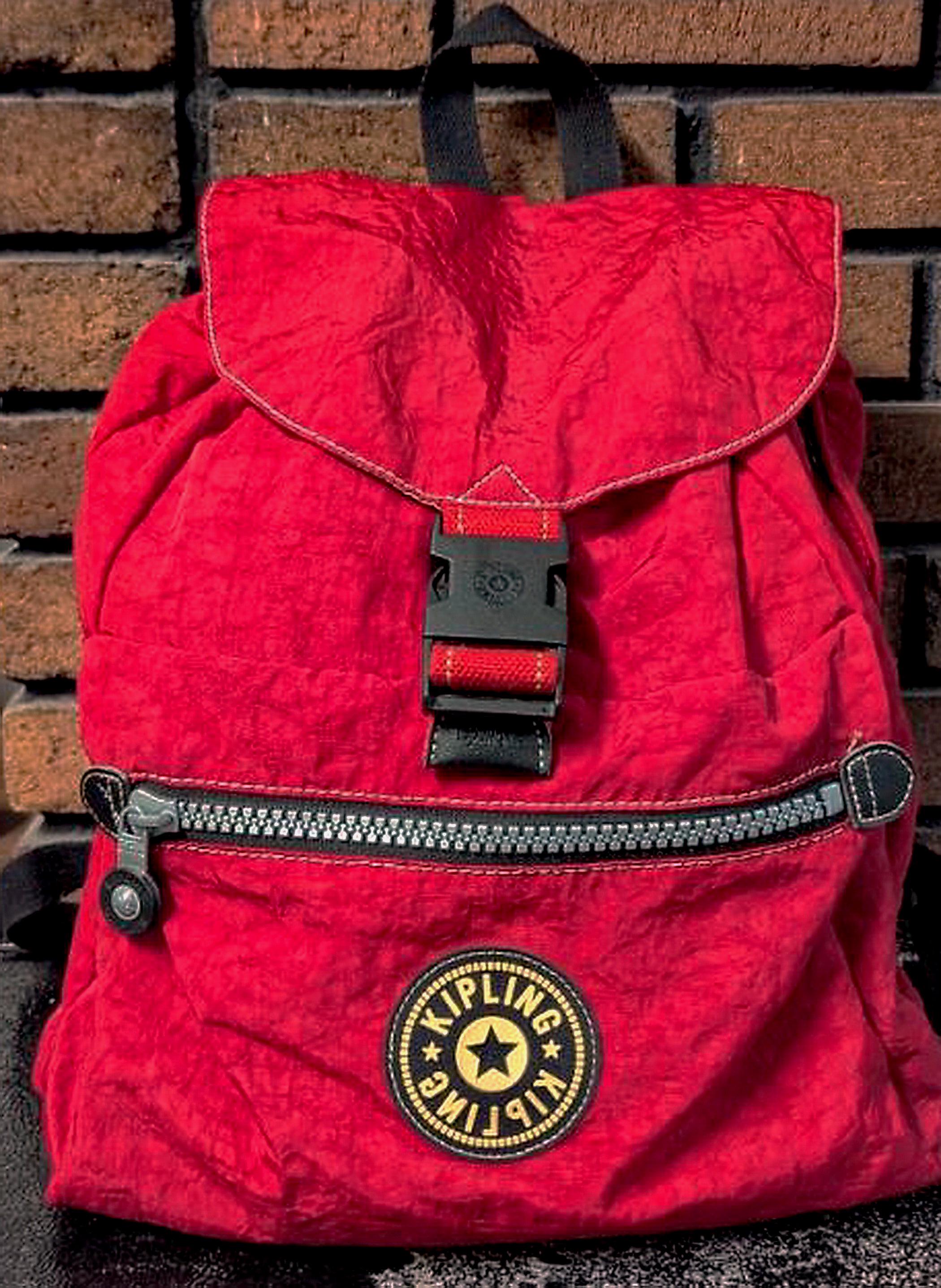 90\'s KIPLING Red Drawstring Backpack Bag 16x16 Adjustable Straps KIPLING – Beautiful RED & BLACK Large Logo Drawstring Flap  main image 3