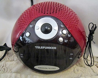 TELEFUNKEN, Germany – Red, Black & White Cute Rounded Radio Operating by Electric Cord or Batteries / Alarm + Snoop Clock w/Digital Display