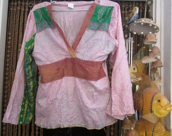 Bohemian V-Neck Patchwork Top, Shaded Icy Pink, Green, Brown and Gold, With Hidden Zippered Side Seam, Vintage - Medium