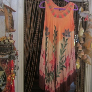 J.D. India - Tie-Dyed & Hand Painted Asymmetrical Hem Sleeveless Summer Dress in Shades of Orange, Greens, Red and Brown, Vintage, Free Size