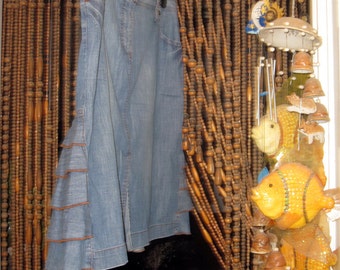 Bohemian Stonewashed Jeans Skirt With Frills, Vintage - Large