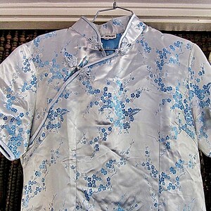 Fabulous Hostess Dress - Floor Length Japanese Inspired Bright Satin Dress in Silvery Sky Blue, Vintage - Large