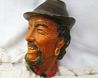 BOSSONS, England -  60's Chalkware Character Wall Décor / Happy Man Character  w/Hat & Earrings Wearing What Looks Like a Carnelian Necklace