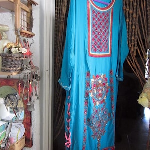 90's Heavily Embroidered, Patched & Sequined Long Caftan Dress Shaded Greenish-Turquoise, With Adjustable Threaded Seam Slits, Size M - L