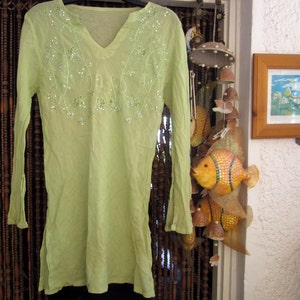 Bohemian Embroidered & Sequined Soft Pastel Green Cotton Tunic/Dress, Vintage Medium image 2