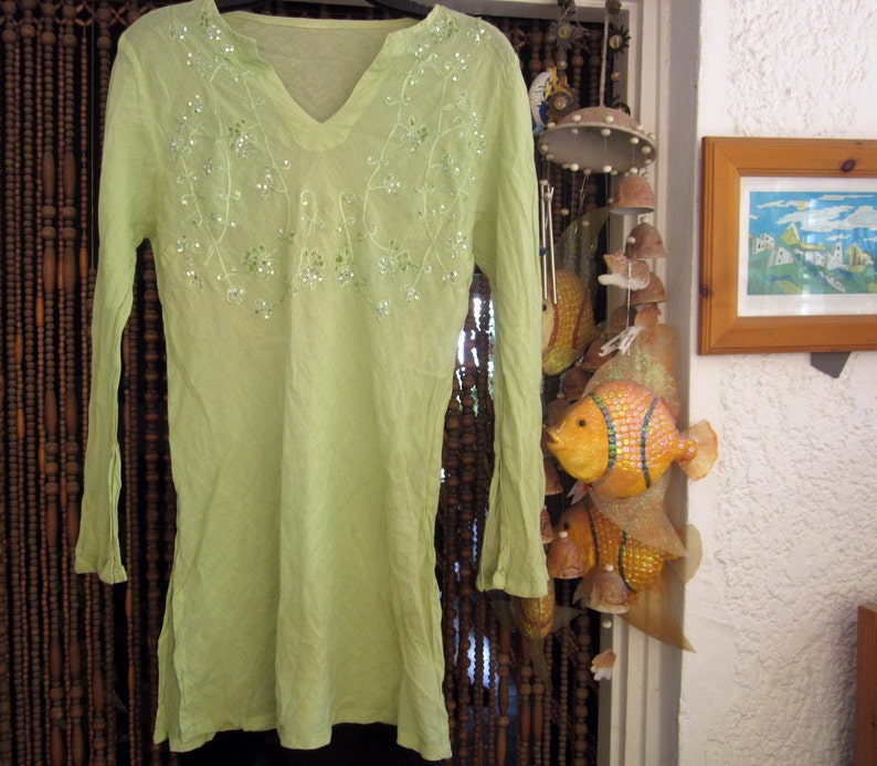 Bohemian Embroidered & Sequined Soft Pastel Green Cotton Tunic/Dress, Vintage Medium image 2
