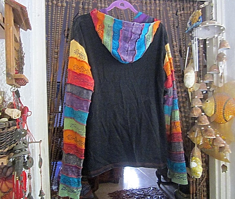 RISING INTERNATIONAL, Nepal - FELPA CON CAPPUCCIO OVERSIZE Boho Patchwork ricamato a mano Batik Dipinto Giacca in cotone completamente con cerniera - Taglia XXLarge immagine 7