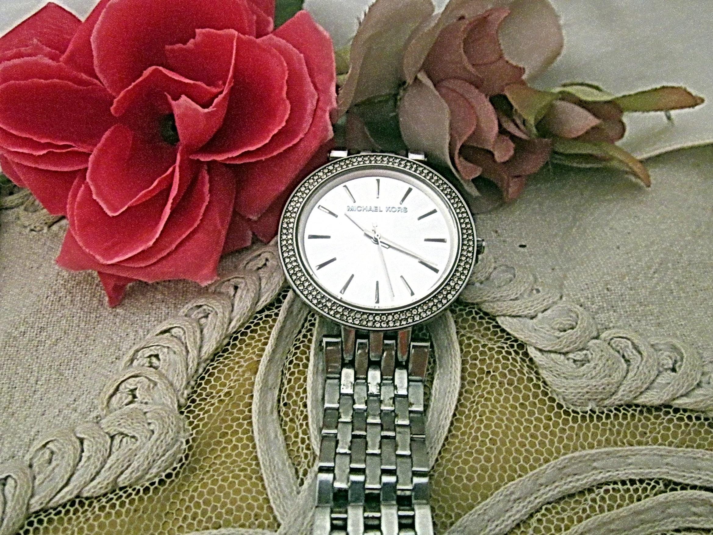 MICHAEL KORS DARCI Glitz Accents Wristwatch Adorned W 2 Rows of Bright Shiny Crystal Stones 39mm Case 3 Hand Movement Baton Numbers Etsy UK