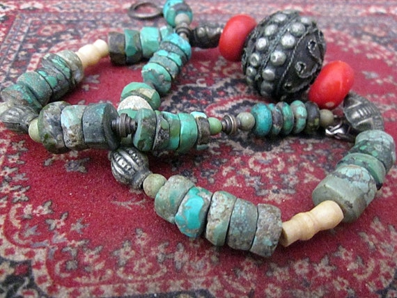 One-of-a-Kind Raw Turquoise, Coral + Ivory Beads … - image 2