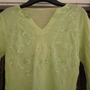 Bohemian Embroidered & Sequined Soft Pastel Green Cotton Tunic/Dress, Vintage Medium image 4
