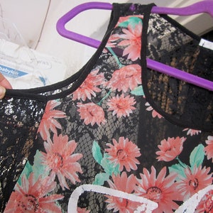 MERCY - Colorful Flowers Over Black Background Tank Top, Featuring Buttoned Down Black Lace Back - Vintage, size M
