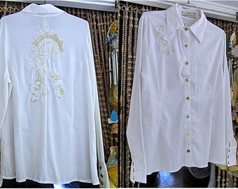COMO, Israel - White Embroidered Blouse / Front & Back Adorned with White and Gold Delicate Embroidery, Vintage - sz Large