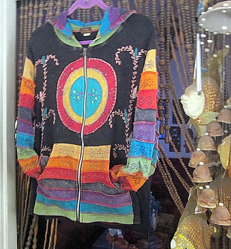 RISING INTERNATIONAL, Nepal - FELPA CON CAPPUCCIO OVERSIZE Boho Patchwork ricamato a mano Batik Dipinto Giacca in cotone completamente con cerniera - Taglia XXLarge immagine 6