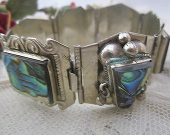 TAXCO MEXICO -  Early 70's Era 925 Sterling Wide ORNATE  Warrier Bracelet w/Shiny Abalone Shell Inserts & Aztec Masks (Hallmarked) 7",  #2