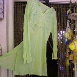 Bohemian Embroidered & Sequined Soft Pastel Green Cotton Tunic/Dress, Vintage Medium image 1