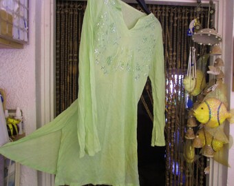 Bohemian Embroidered & Sequined Soft Pastel Green Cotton Tunic/Dress, Vintage - Medium