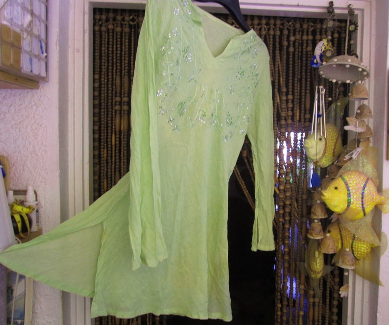 Bohemian Embroidered & Sequined Soft Pastel Green Cotton Tunic/Dress, Vintage Medium image 1