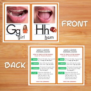 Op de afbeelding: Educatieve flashcards voor het aanleren van letterklanken. De voorkant van de kaarten toont de letters "Gg" en "Hh" met afbeeldingen van een meisje en ham. De achterkant van de kaarten geeft instructies voor ouders en leerkrachten.