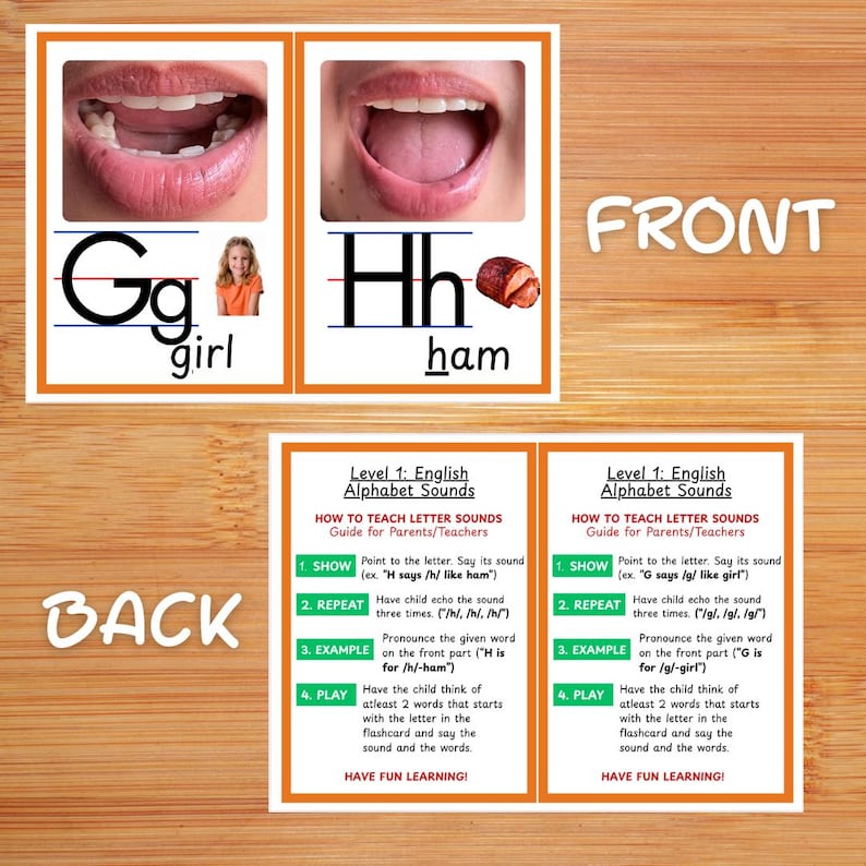 Op de afbeelding: Educatieve flashcards voor het aanleren van letterklanken. De voorkant van de kaarten toont de letters "Gg" en "Hh" met afbeeldingen van een meisje en ham. De achterkant van de kaarten geeft instructies voor ouders en leerkrachten.