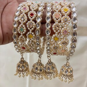 8 Pearls & Ruby Stones Indian Bangles With Tassels For Desi Bride Women and Girls