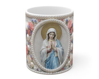 Virgin Mary Mug | Floral Pearl Rosary, Mother of God Gift