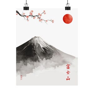 May include: Watercolour print depicting Mount Fuji with a snow-covered peak, a red sun, and a cherry blossom branch. The Japanese characters for "Mount Fuji" are in red. The artwork is attached to the wall with black binder clips.