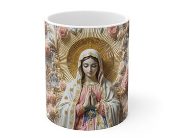 Virgin Mary Mug, Elegant Floral Design, Religious Gift