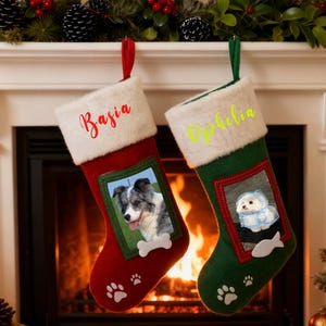 Personalized Pet Christmas Stocking with Photo Frame – Custom Dog & Cat Holiday Stocking – Embroidered Name – Christmas Gift