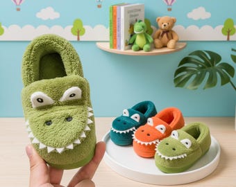 Kids Crocodile Slippers | Toddler Alligator House Shoes | Green Orange Plush Animal Footwear | Cozy Non-Slip Boys Girls Gift
