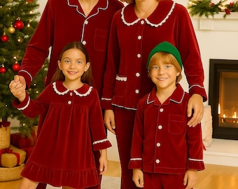 Matching Family Christmas Pajamas Set, Red Velvet Xmas Sleepwear, Kids Pajamas Dress, Holiday Nightwear, Winter Loungewear Outfit