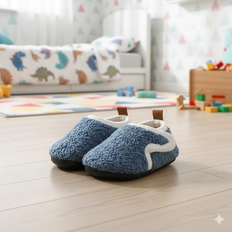 May include: A pair of blue fleece slippers with white trim and brown leather accents. The slippers have a soft, textured appearance and a black sole. The slippers are designed for indoor use and are placed on a wooden floor.