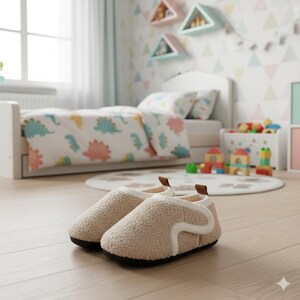 May include: A pair of beige, fuzzy children's slippers with a white trim and dark soles. The slippers are in a child's bedroom with a bed, dinosaur-themed bedding, and colorful toys. The room has a light and airy feel.