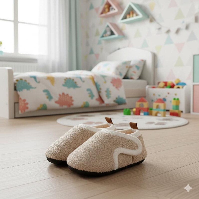 May include: A pair of beige, fuzzy children's slippers with a white trim and dark soles. The slippers are in a child's bedroom with a bed, dinosaur-themed bedding, and colorful toys. The room has a light and airy feel.