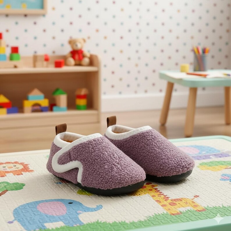 May include: A pair of purple, fuzzy children's slippers with white trim and a brown accent on the heel. The slippers are on a colorful play mat with animal illustrations. The background includes a wooden shelf with toys and a small table.