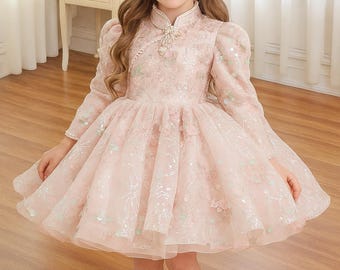 Prinsessenfeestjurk voor meisjes, roze bloemenjurk met pailletten, verjaardagsoutfit peuter, elegante strikjurk, mooie trouwjurk voor kinderen