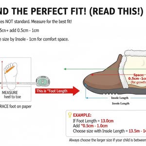 May include: Diagram illustrating how to measure foot length for shoe sizing. Includes instructions to measure from heel to toe, add 0.5cm to 1cm, and choose the insole size. A shoe graphic is shown with measurements.
