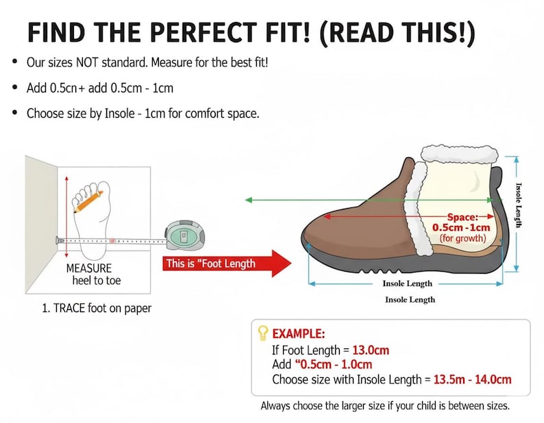 May include: Diagram illustrating how to measure foot length for shoe sizing. Includes instructions to measure from heel to toe, add 0.5cm to 1cm, and choose the insole size. A shoe graphic is shown with measurements.