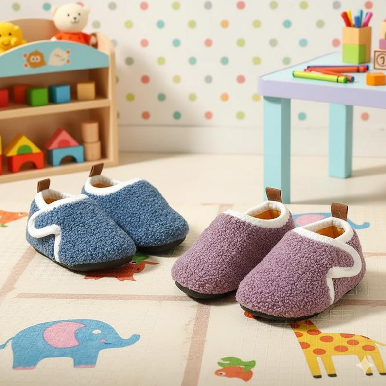 May include: Two pairs of baby booties in blue and purple. The booties have a soft, textured exterior with white trim and brown accents. The shoes are designed for indoor use and are placed on a colorful play mat.