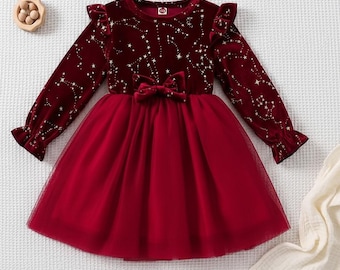 Girls Burgundy Velvet Party Dress Star Tulle Holiday Dress for Toddlers Kids Christmas Formal Outfit