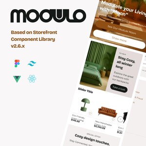 May include: A digital mockup of a website interface with the logo "moouLo" at the top left. The interface showcases furniture and home decor, with text like "Modulate your Living with Moon" and "Stay Cozy, all winter long."