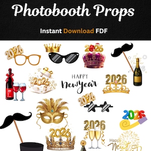 Puede incluir: Una colección de accesorios de fotomatón de Año Nuevo 2026. Incluye gafas, coronas, bigotes, champán, sombreros de fiesta y el texto "Happy New Year". Los accesorios son dorados, negros y rojos.
