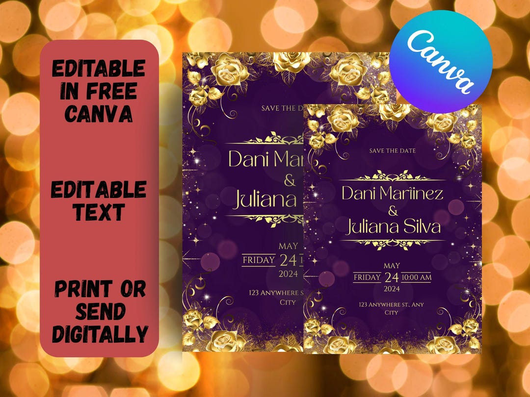 Royal Purple & Gold Wedding Invitation | Luxury Floral Marriage Card ...