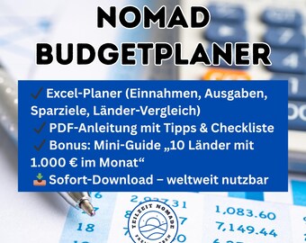 Puede incluir: Un planificador de presupuesto digital titulado "NOMAD BUDGETPLANER" con texto en alemán. La imagen incluye un cuadro azul con viñetas que enumeran características como la planificación en Excel, guías en PDF y una mini-guía de bonificación. Un bolígrafo descansa sobre una hoja de cálculo.