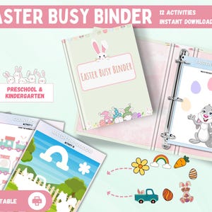 Op de afbeelding: Een Paas Drukke Binder met 12 activiteiten voor kleuters en kleuters. De binder bevat pagina's met kleurrijke illustraties van konijnen, eieren en andere paas-thema afbeeldingen. De tekst "Easter Busy Binder" is zichtbaar op de kaft.